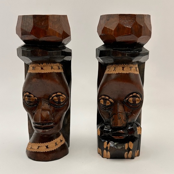 Vintage Jamaica Wooden Carved Bust Figurine Pair Female And Bearded Male 5” Tall - Picture 1 of 6